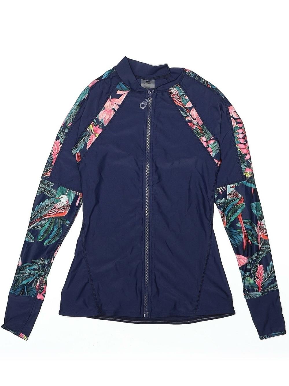 Women's Navy Floral-Trim Zip Front Swim Cover-Up